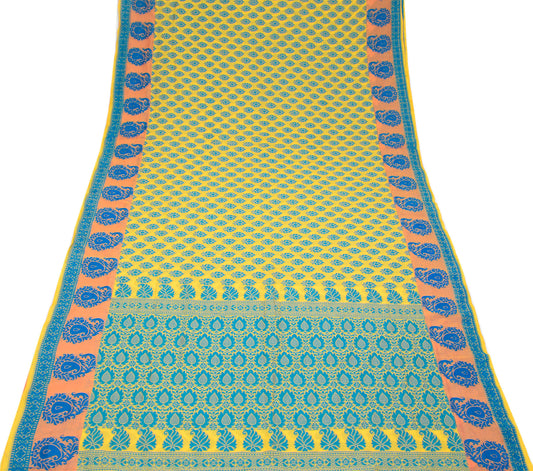 Sushila Vintage Yellow Saree art Cotton Silk Woven Floral Sari Craft Fabric
