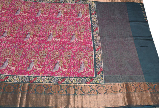 Sushila Vintage Medieval-Style Saree Pure Cotton Silk Pink Soft Sari Craft Fabric