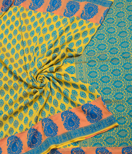 Sushila Vintage Yellow Saree art Cotton Silk Woven Floral Sari Craft Fabric