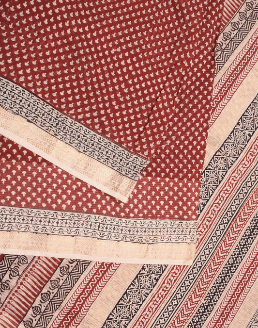 Sushila Vintage Maroonb Saree Block Print Pure Cotton Silk Sari Craft Fabric