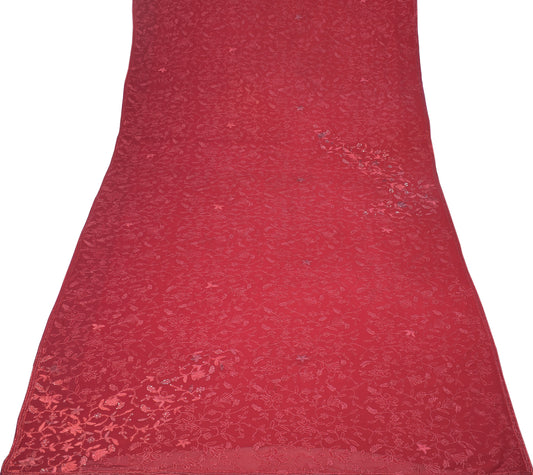 Sushila Vintage HEAVY Red Saree Pure Georgette Hand Embroidered Sari Fabric