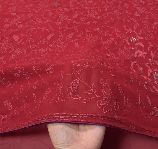 Sushila Vintage HEAVY Red Saree Pure Georgette Hand Embroidered Sari Fabric