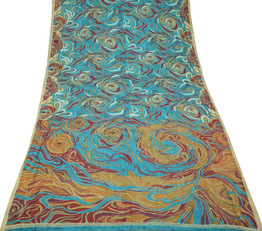 Sushila Vintage Multi-Color Saree Printed Knatha Work Pure Silk Sari Craft Fabric