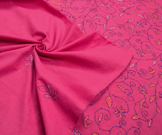 Sushila Vintage Pink Art Cotton Saree Hand Embroidery Kantha Bengal Sari Fabric