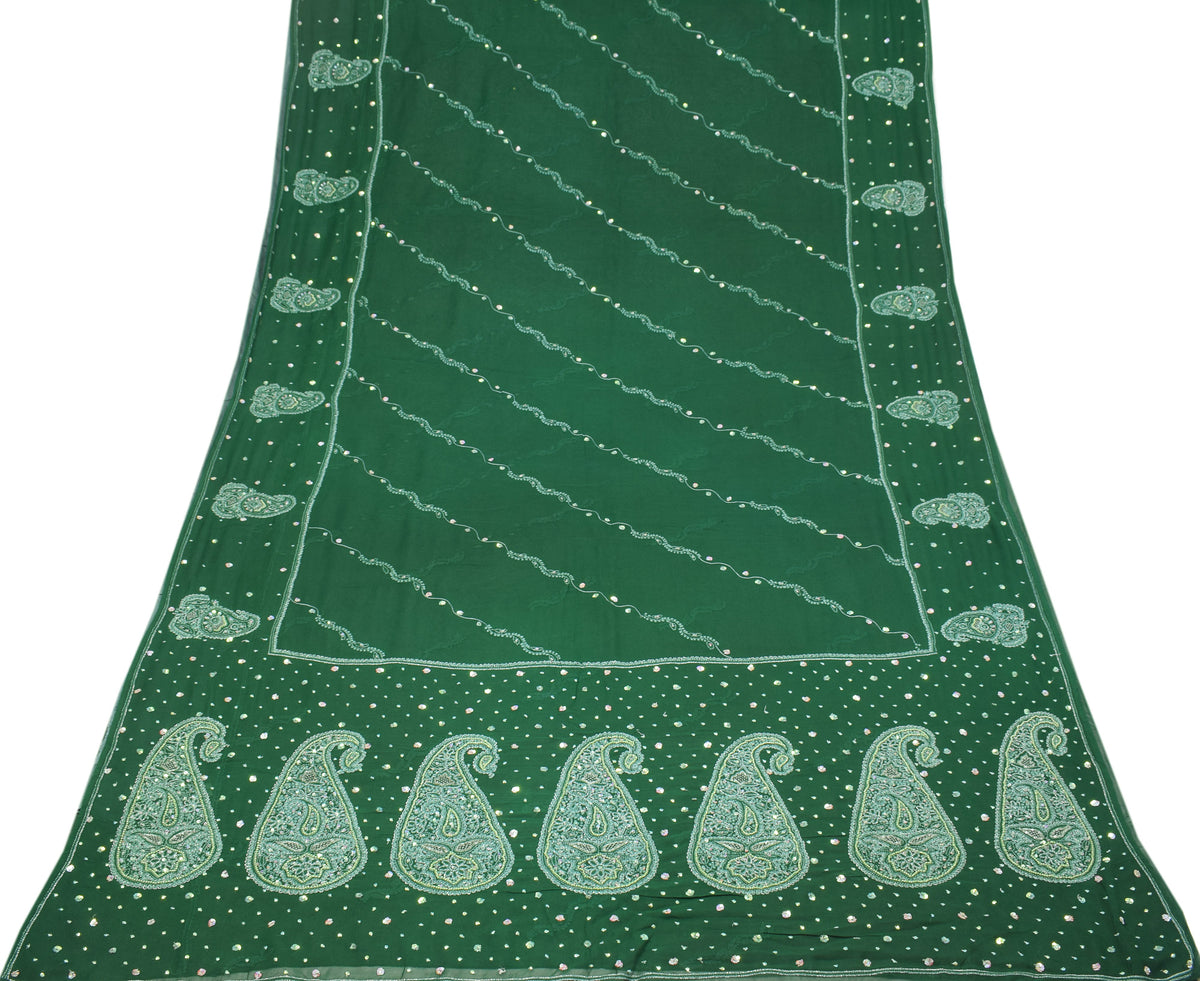 Sushila Vintage Green Saree Pure Georgette HEAVY Sari Handmade 6YD Fabric