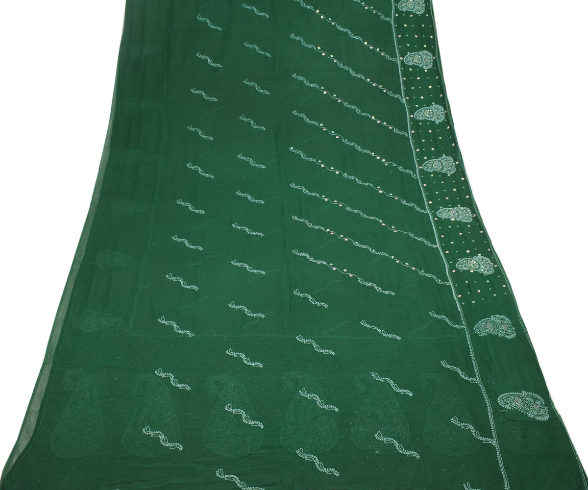 Sushila Vintage Green Saree Pure Georgette HEAVY Sari Handmade 6YD Fabric