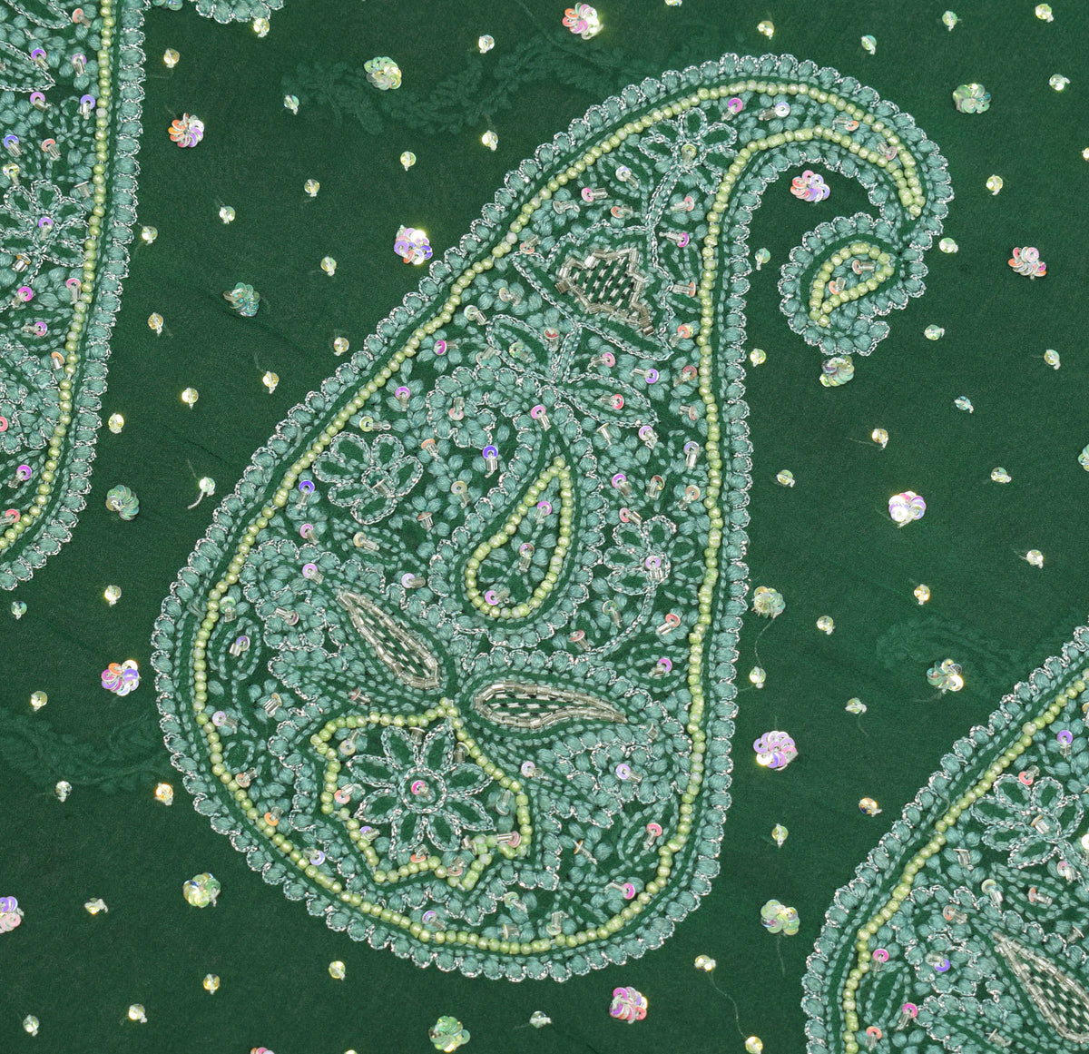 Sushila Vintage Green Saree Pure Georgette HEAVY Sari Handmade 6YD Fabric