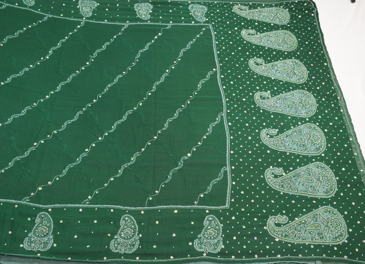 Sushila Vintage Green Saree Pure Georgette HEAVY Sari Handmade 6YD Fabric