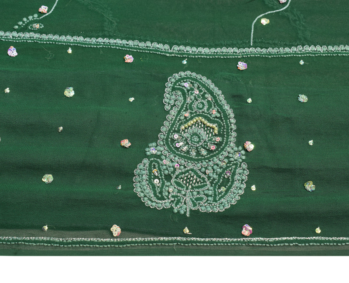 Sushila Vintage Green Saree Pure Georgette HEAVY Sari Handmade 6YD Fabric