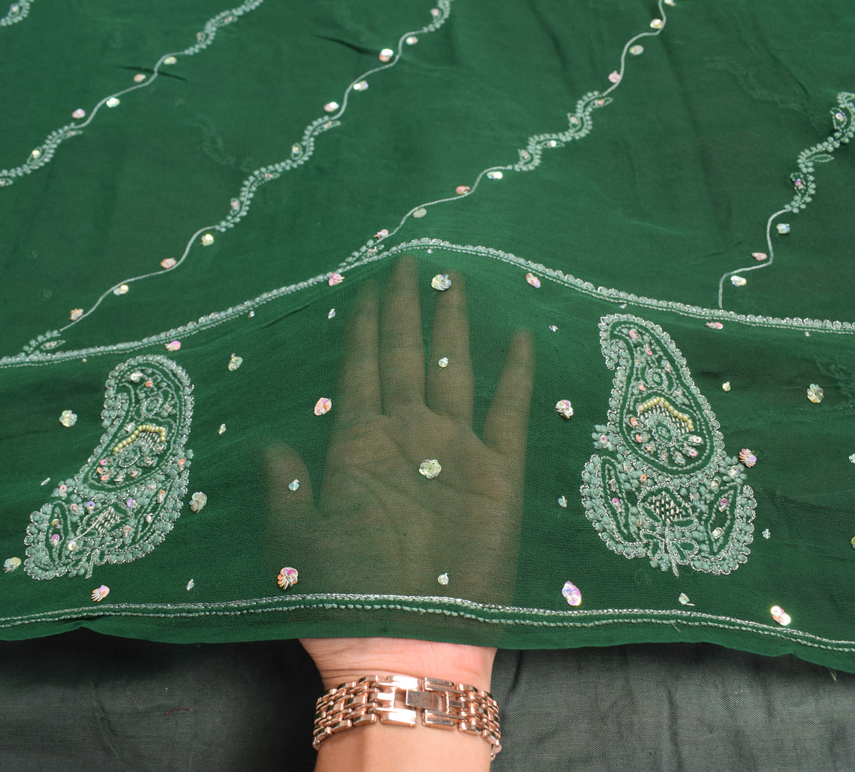 Sushila Vintage Green Saree Pure Georgette HEAVY Sari Handmade 6YD Fabric