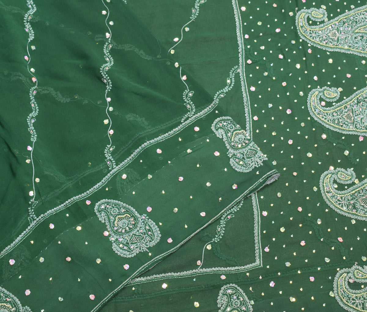 Sushila Vintage Green Saree Pure Georgette HEAVY Sari Handmade 6YD Fabric