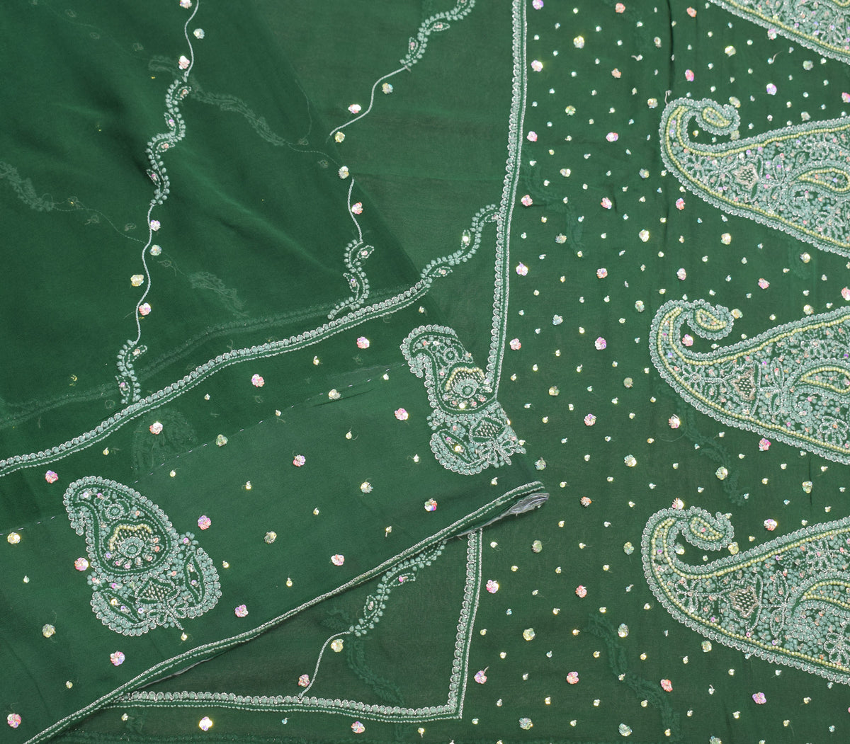 Sushila Vintage Green Saree Pure Georgette HEAVY Sari Handmade 6YD Fabric