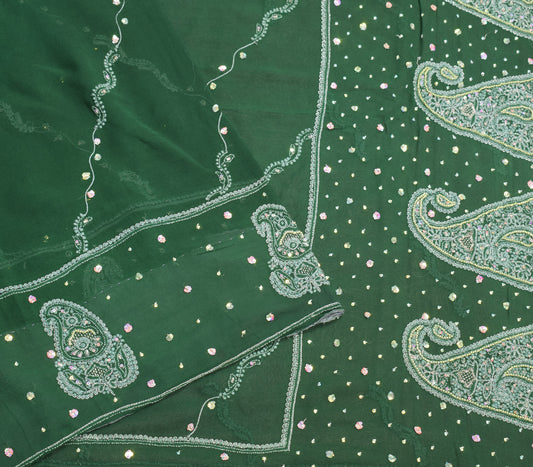 Sushila Vintage Green Saree Pure Georgette HEAVY Sari Handmade 6YD Fabric