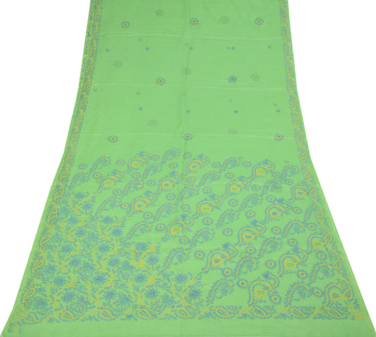 Sushila Vintage Lucknowi Chikankari Saree Green Art Cotton Sari Craft Fabric
