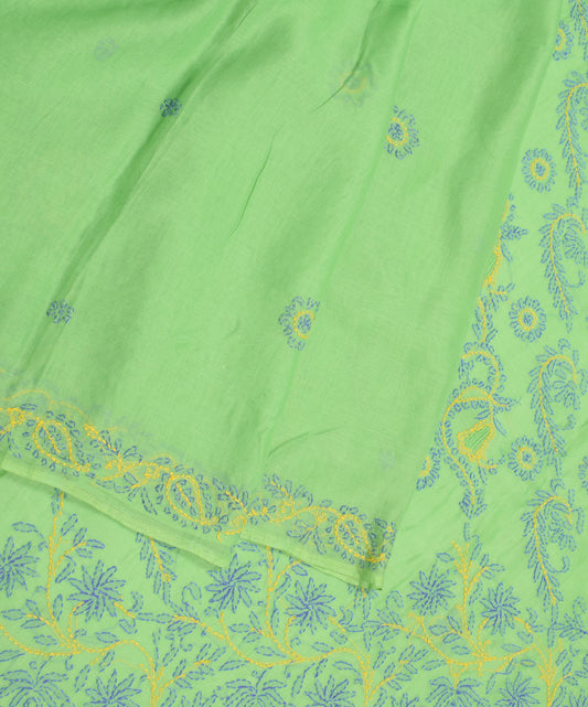 Sushila Vintage Lucknowi Chikankari Saree Green Art Cotton Sari Craft Fabric