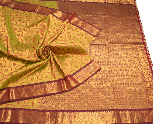 Sushila Vintage HEAVY Green Saree Pure Kanjivaram Silk Brocade Sari Fabric