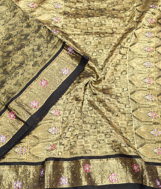 Sushila Vintage Gold Black Saree Pure Silk Kanjivaram Brocade Sari Fabric