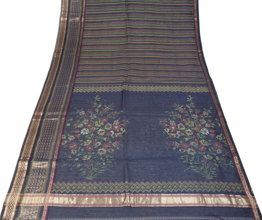 Sushila Vintage Printed Blue Saree Pure Silk Zari Woven Sari Craft Fabric