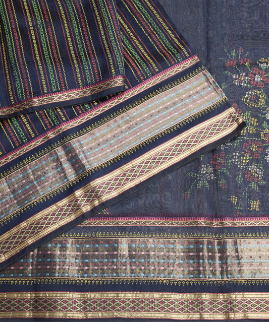 Sushila Vintage Printed Blue Saree Pure Silk Zari Woven Sari Craft Fabric