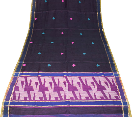 Sushila Vintage Hand Woven Black Saree Pure Cotton Silk Sari Floral Craft Fabric