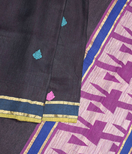 Sushila Vintage Hand Woven Black Saree Pure Cotton Silk Sari Floral Craft Fabric