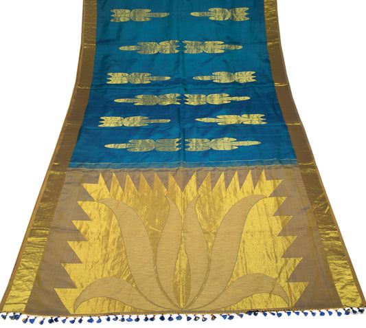 Sushila Vintage Kanjivaram Blue Saree Gold Brocade Pure Silk Sari HEAVY Fabric