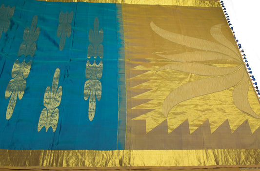 Sushila Vintage Kanjivaram Blue Saree Gold Brocade Pure Silk Sari HEAVY Fabric