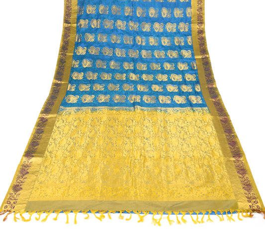 Sushila Vintage HEAVY Kanjivaram Saree Pure Silk Peacock Blue Sari Fabric