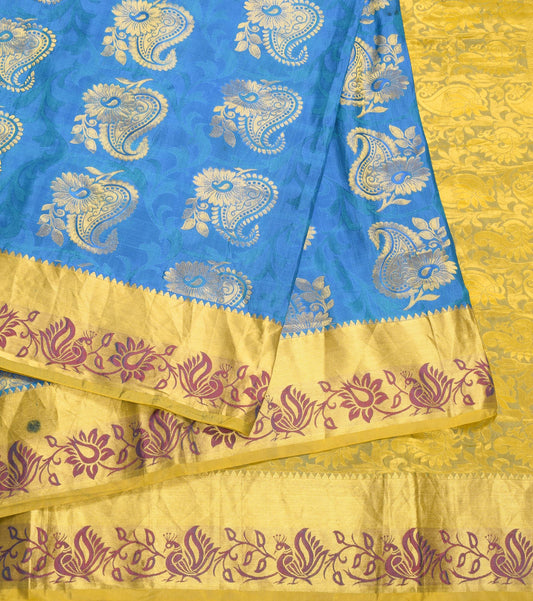 Sushila Vintage HEAVY Kanjivaram Saree Pure Silk Peacock Blue Sari Fabric