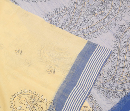 Sushila Vintage Hand Embroidered Kantha Saree Pure Cotton Yellow Sari Fabric