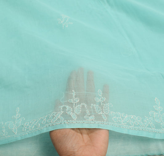 Sushila Vintage Lucknowi Chikankari Saree Aqua Blue Art Cotton Sari Craft Fabric