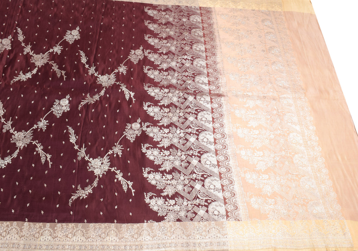 Sushila Vintage Banarasi Brocade Saree Pure Satin Silk Maroon Heavy Sari Fabric