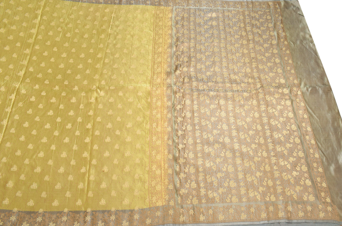 Sushila Vintage Heavy Green Saree Pure Satin Silk Banarasi Tanchoi Sari Fabric