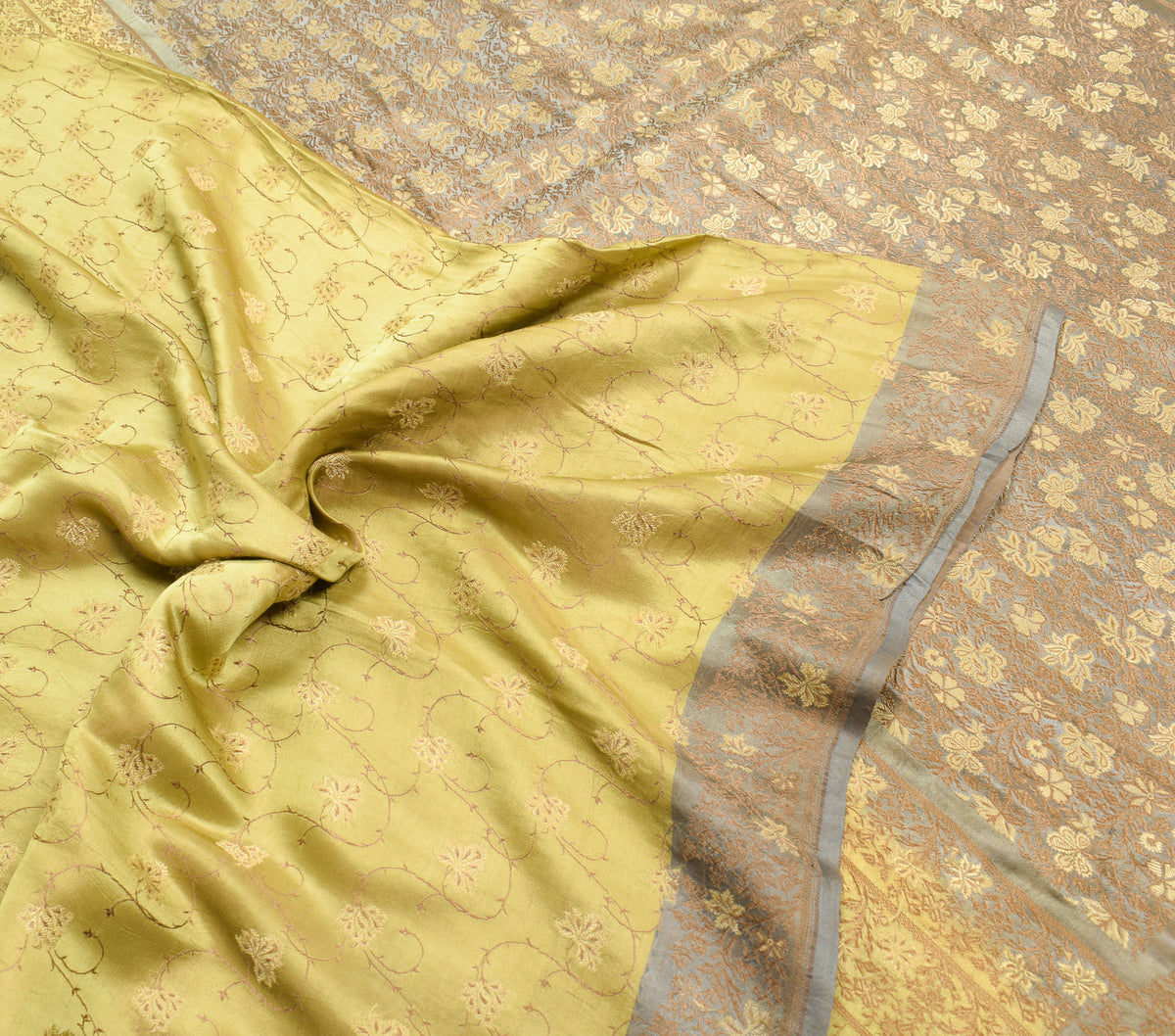 Sushila Vintage Heavy Green Saree Pure Satin Silk Banarasi Tanchoi Sari Fabric