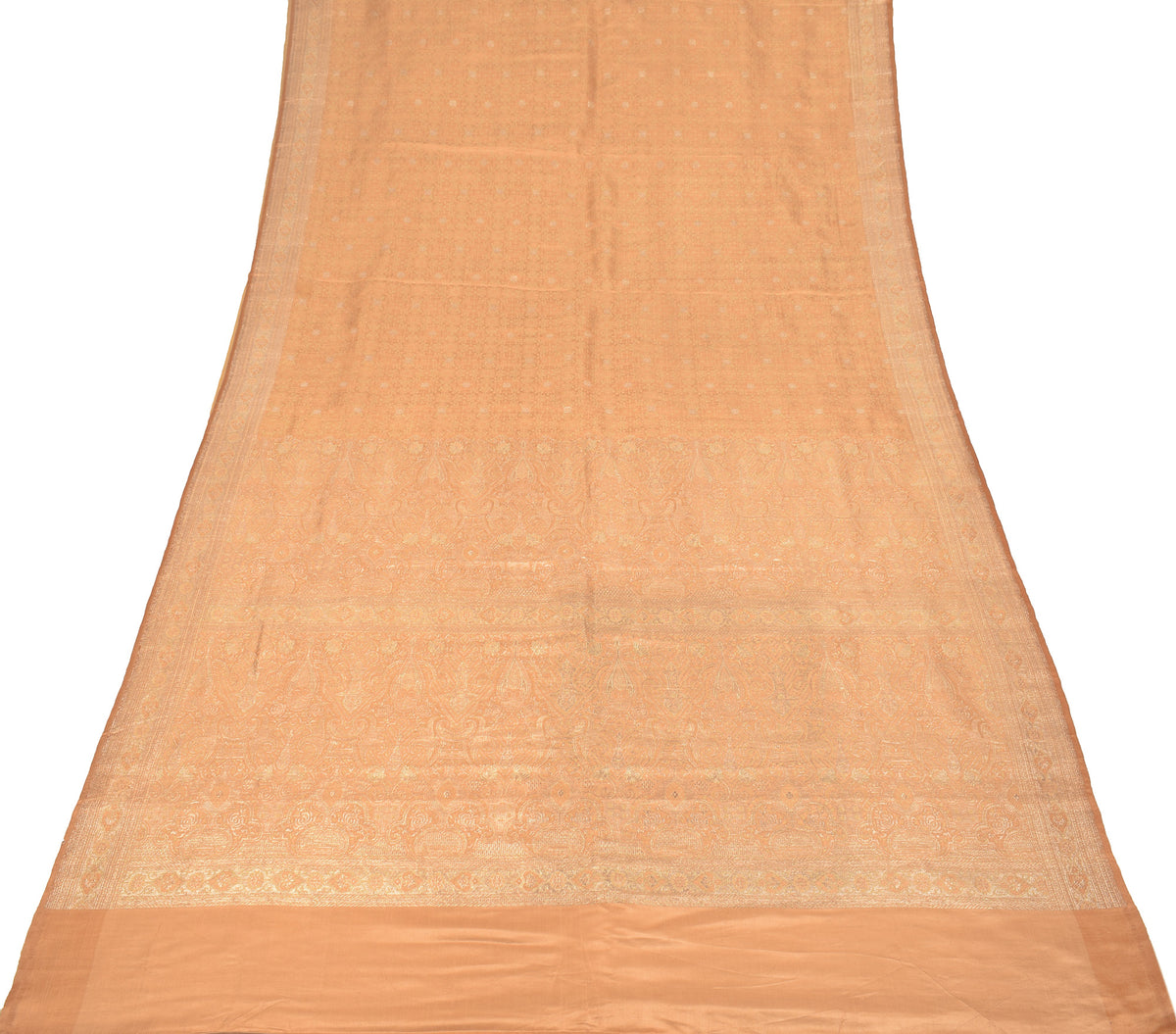 Sushila Vintage Peach Heavy Saree Pure Satin Silk Banarasi Brocade Sari Fabric