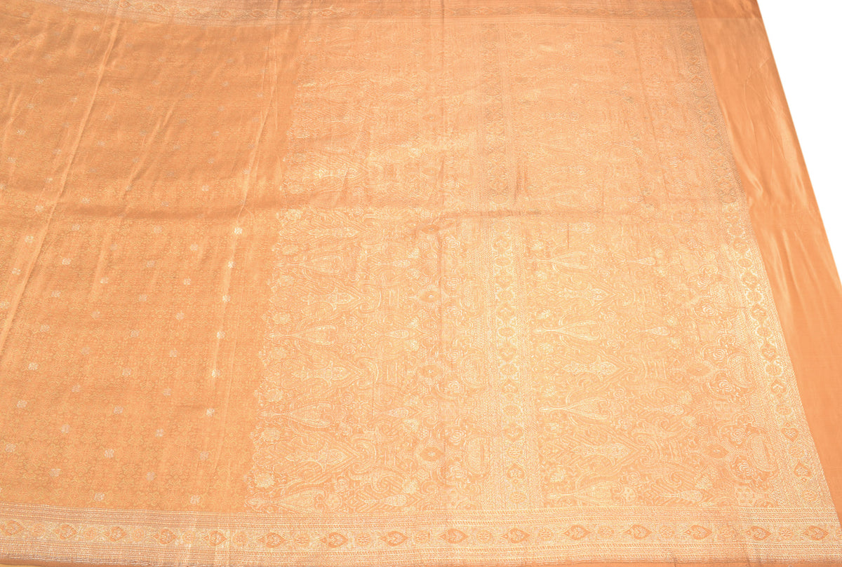 Sushila Vintage Peach Heavy Saree Pure Satin Silk Banarasi Brocade Sari Fabric