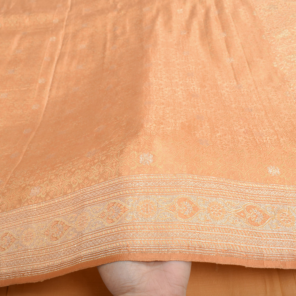 Sushila Vintage Peach Heavy Saree Pure Satin Silk Banarasi Brocade Sari Fabric