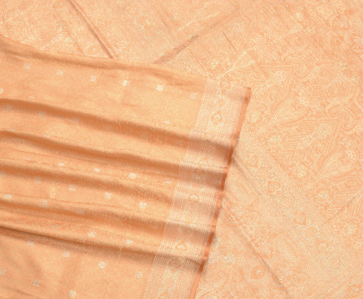 Sushila Vintage Peach Heavy Saree Pure Satin Silk Banarasi Brocade Sari Fabric