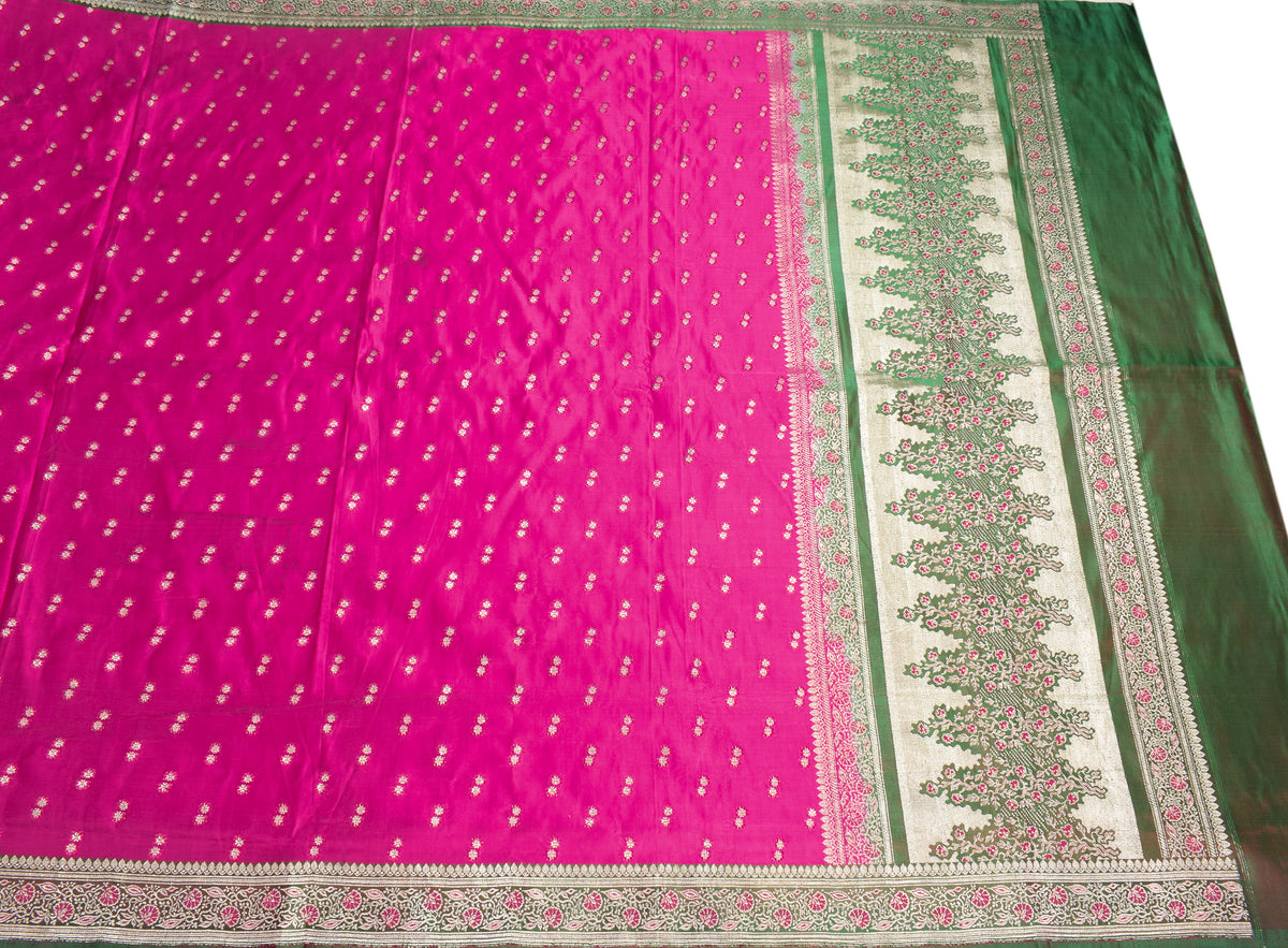 Sushila Vintage Heavy Saree Pure Satin Silk Banarasi Brocade Sari Magenta Fabric