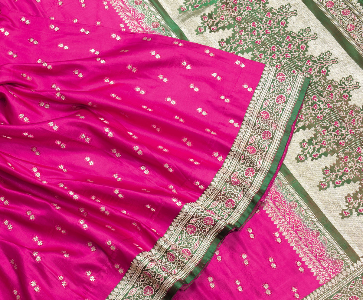 Sushila Vintage Heavy Saree Pure Satin Silk Banarasi Brocade Sari Magenta Fabric