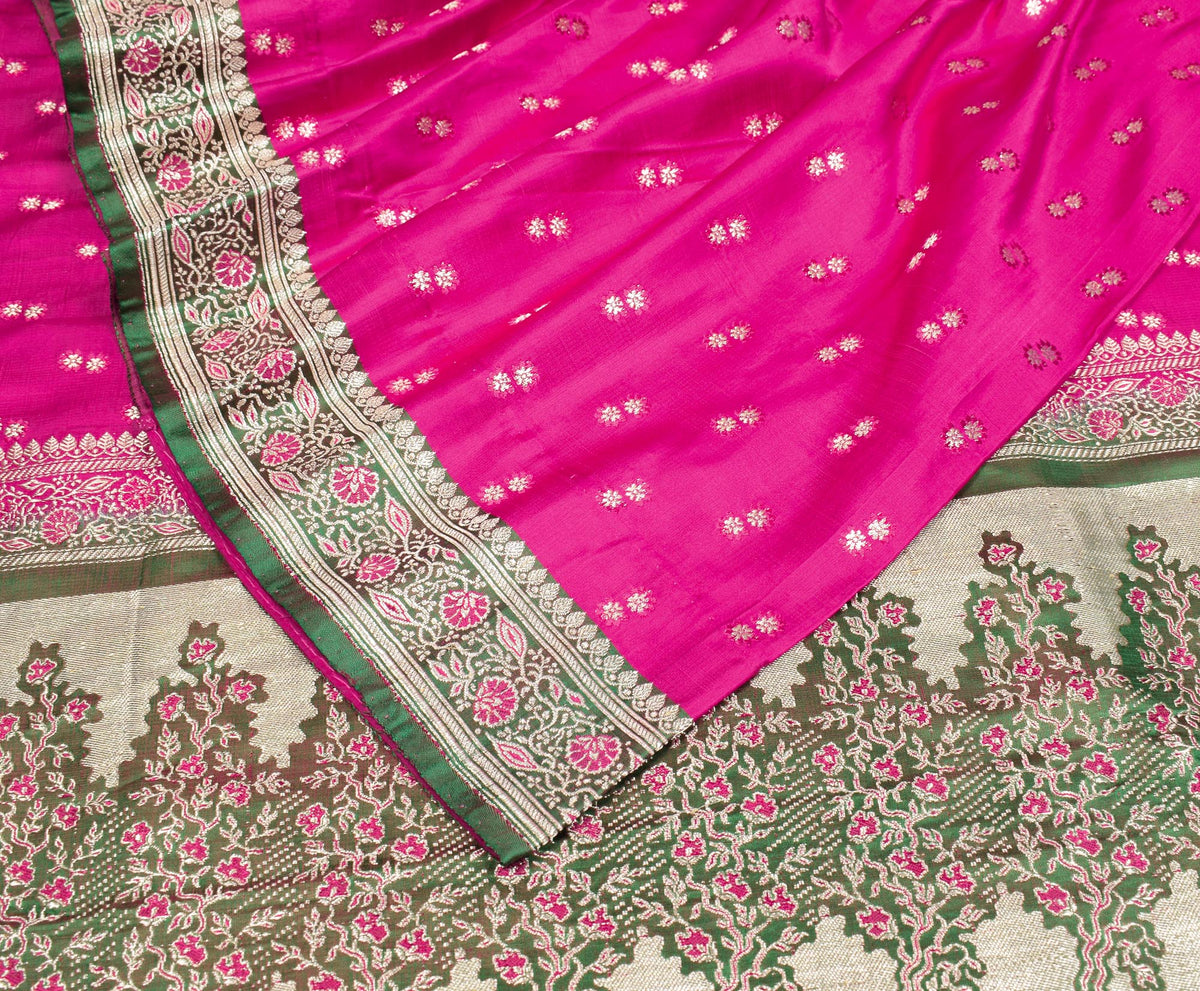 Sushila Vintage Heavy Saree Pure Satin Silk Banarasi Brocade Sari Magenta Fabric