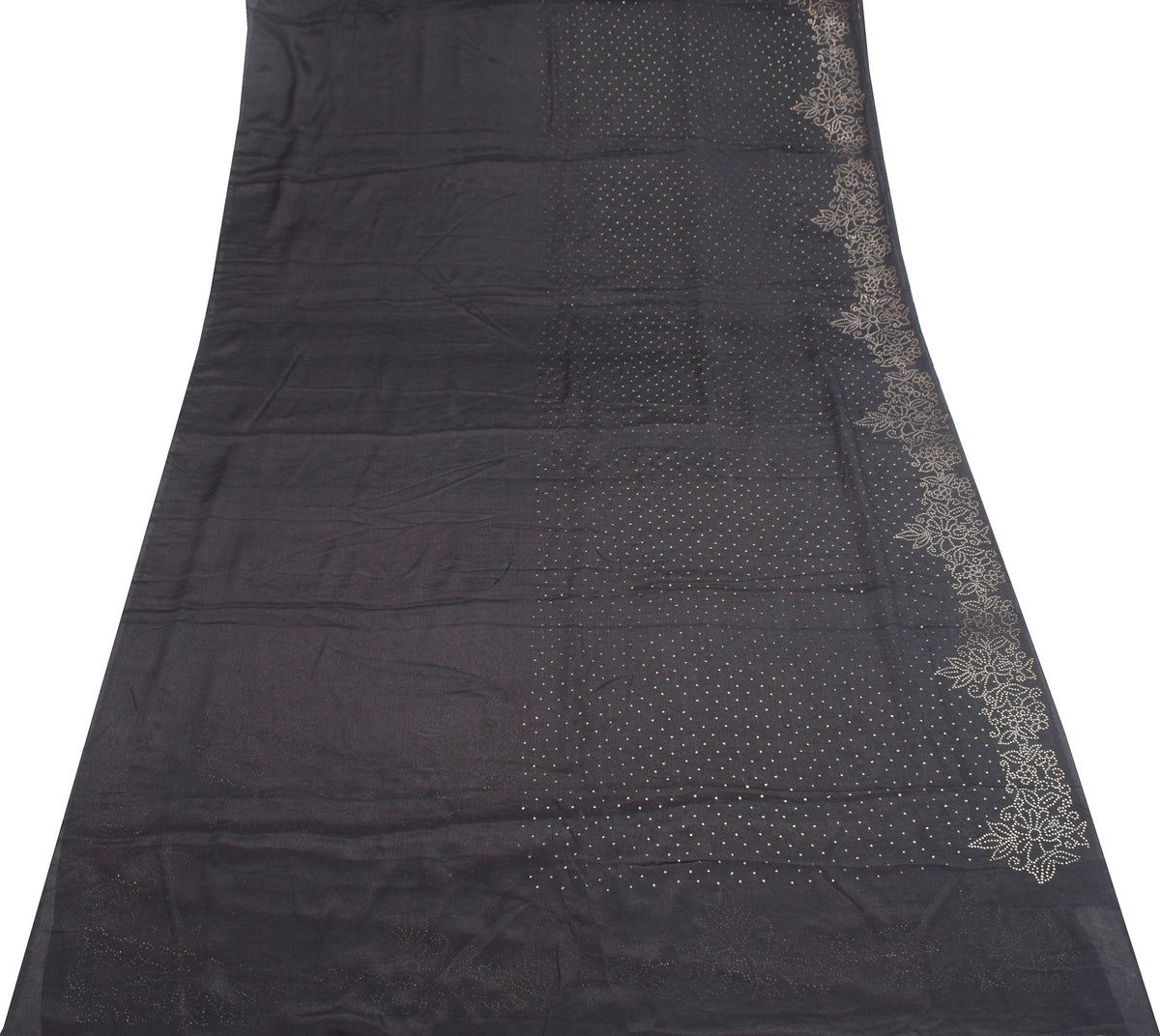 Sushila Vintage Handmade Mukesh Work Sari Black Pure Crepe Silk Saree Craft Fabric