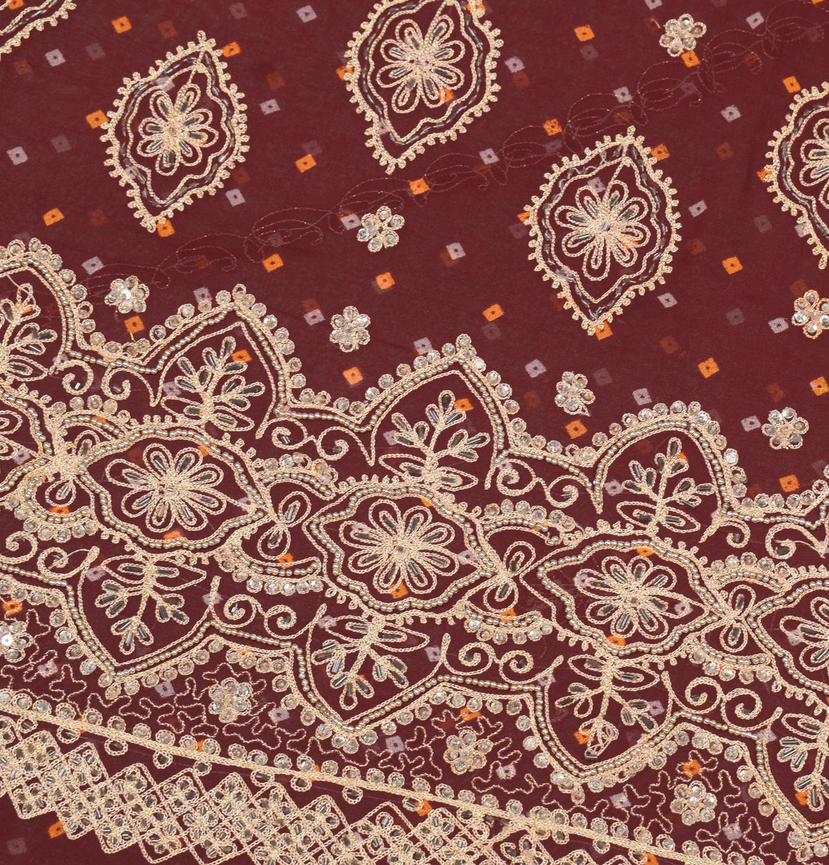 Sushila Vintage Maroon Bandhani Saree Pure Georgette Embroidered HEAVY Sari Fabric