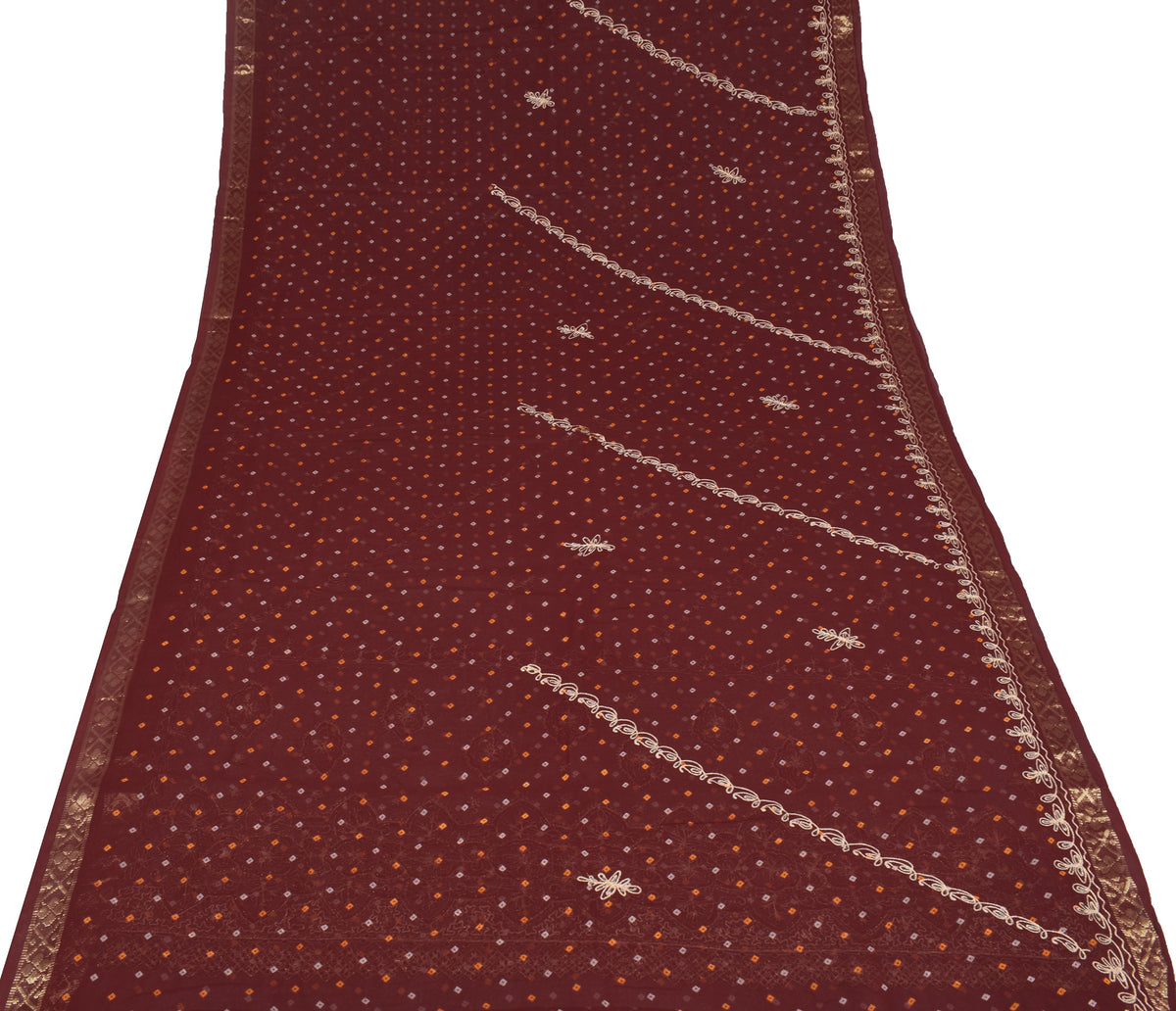 Sushila Vintage Maroon Bandhani Saree Pure Georgette Embroidered HEAVY Sari Fabric