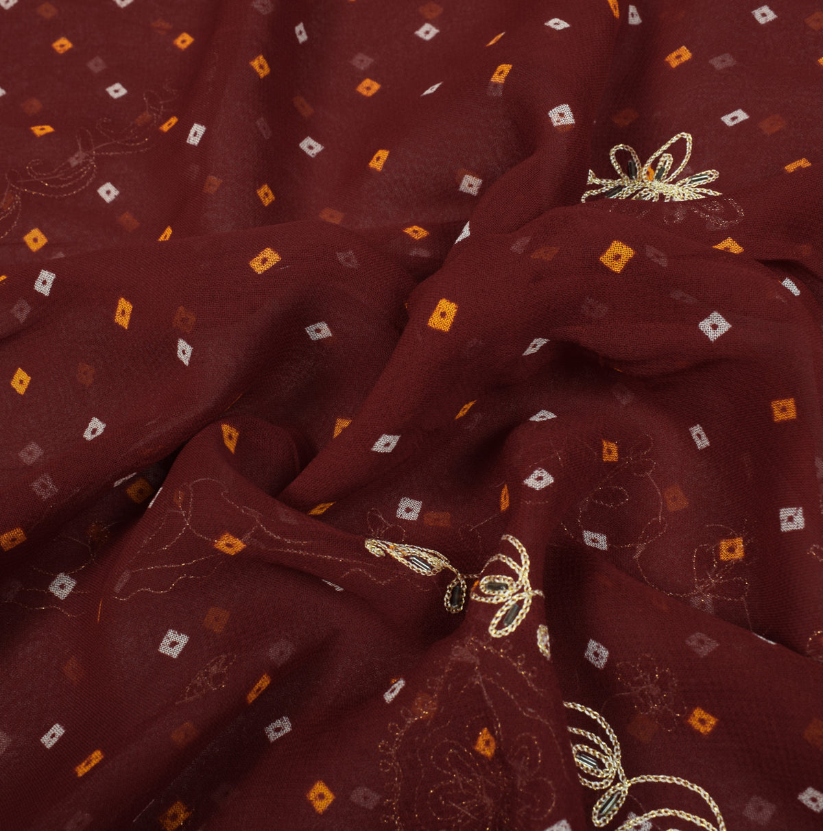 Sushila Vintage Maroon Bandhani Saree Pure Georgette Embroidered HEAVY Sari Fabric