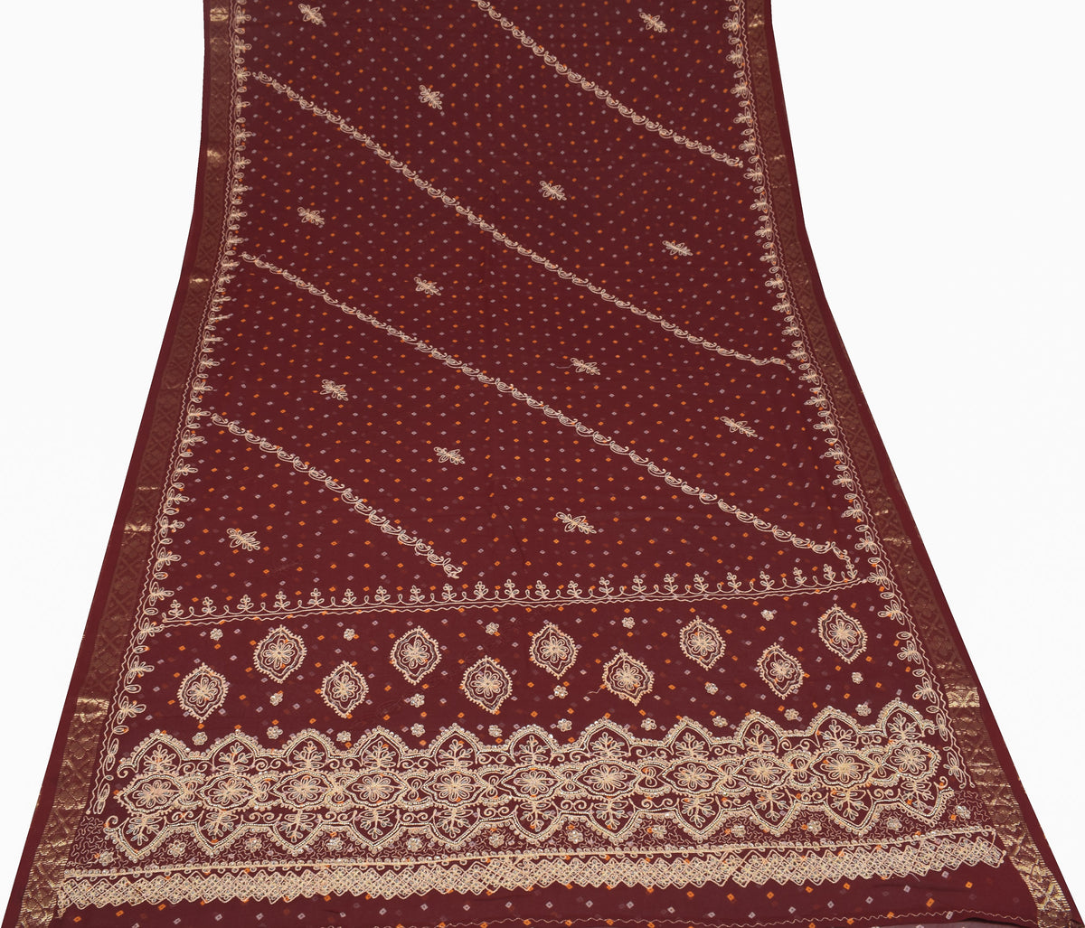 Sushila Vintage Maroon Bandhani Saree Pure Georgette Embroidered HEAVY Sari Fabric