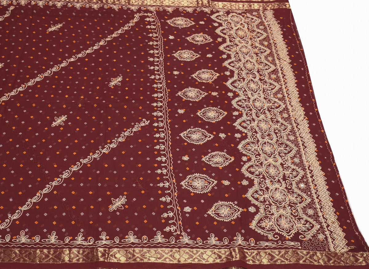 Sushila Vintage Maroon Bandhani Saree Pure Georgette Embroidered HEAVY Sari Fabric