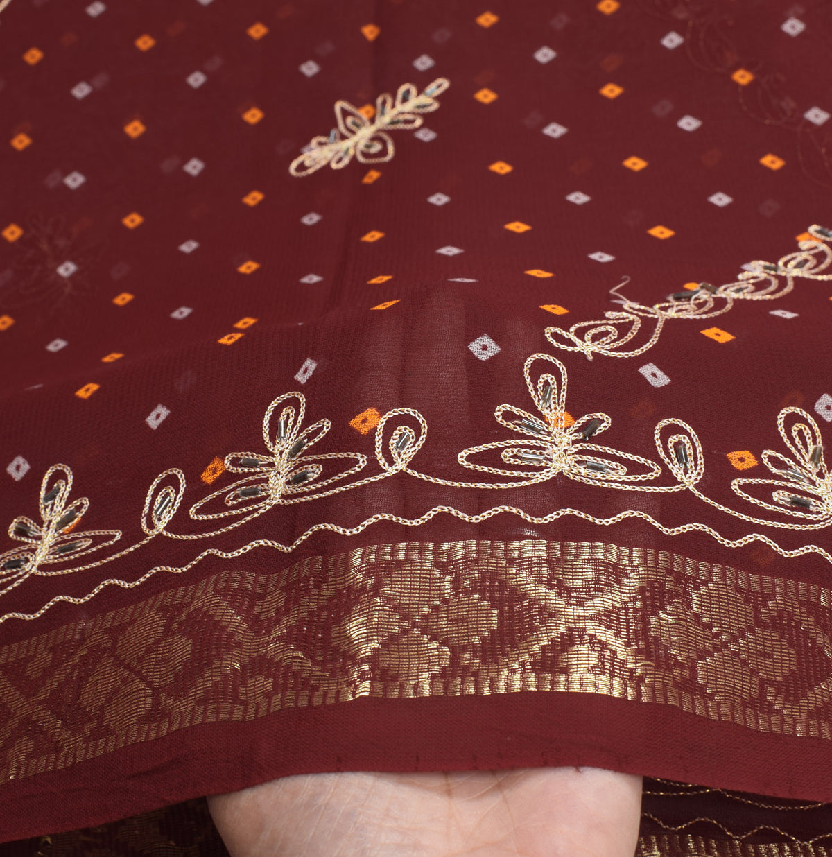 Sushila Vintage Maroon Bandhani Saree Pure Georgette Embroidered HEAVY Sari Fabric