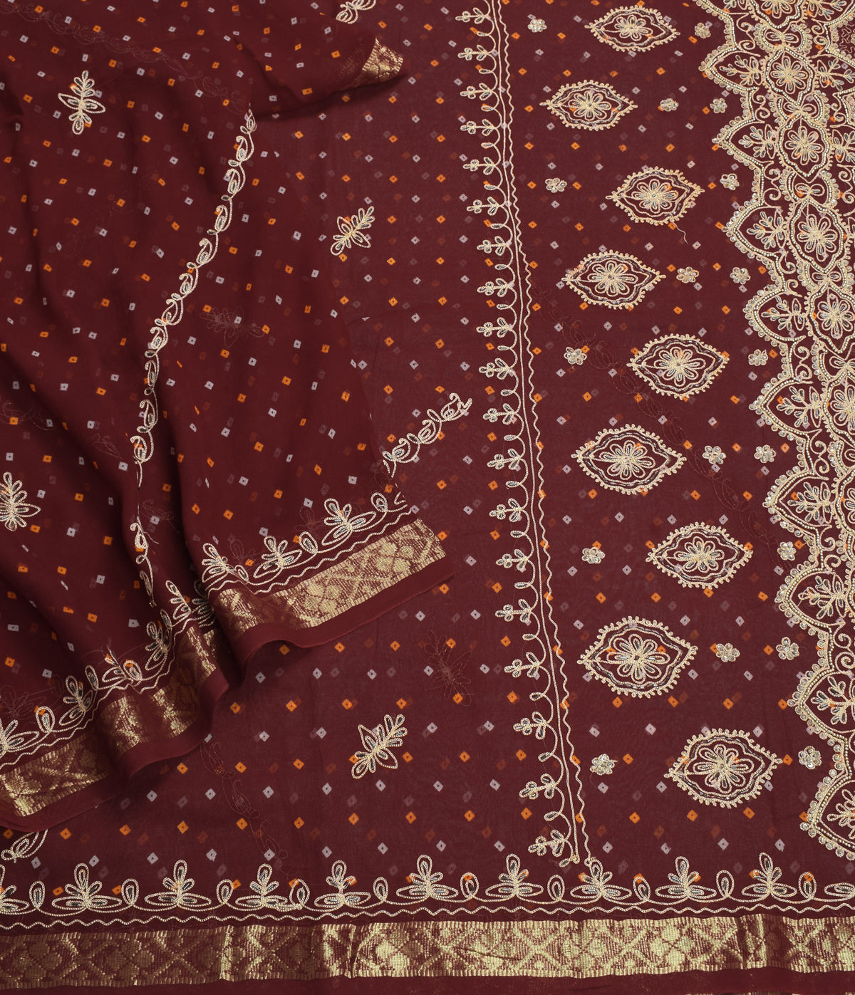 Sushila Vintage Maroon Bandhani Saree Pure Georgette Embroidered HEAVY Sari Fabric