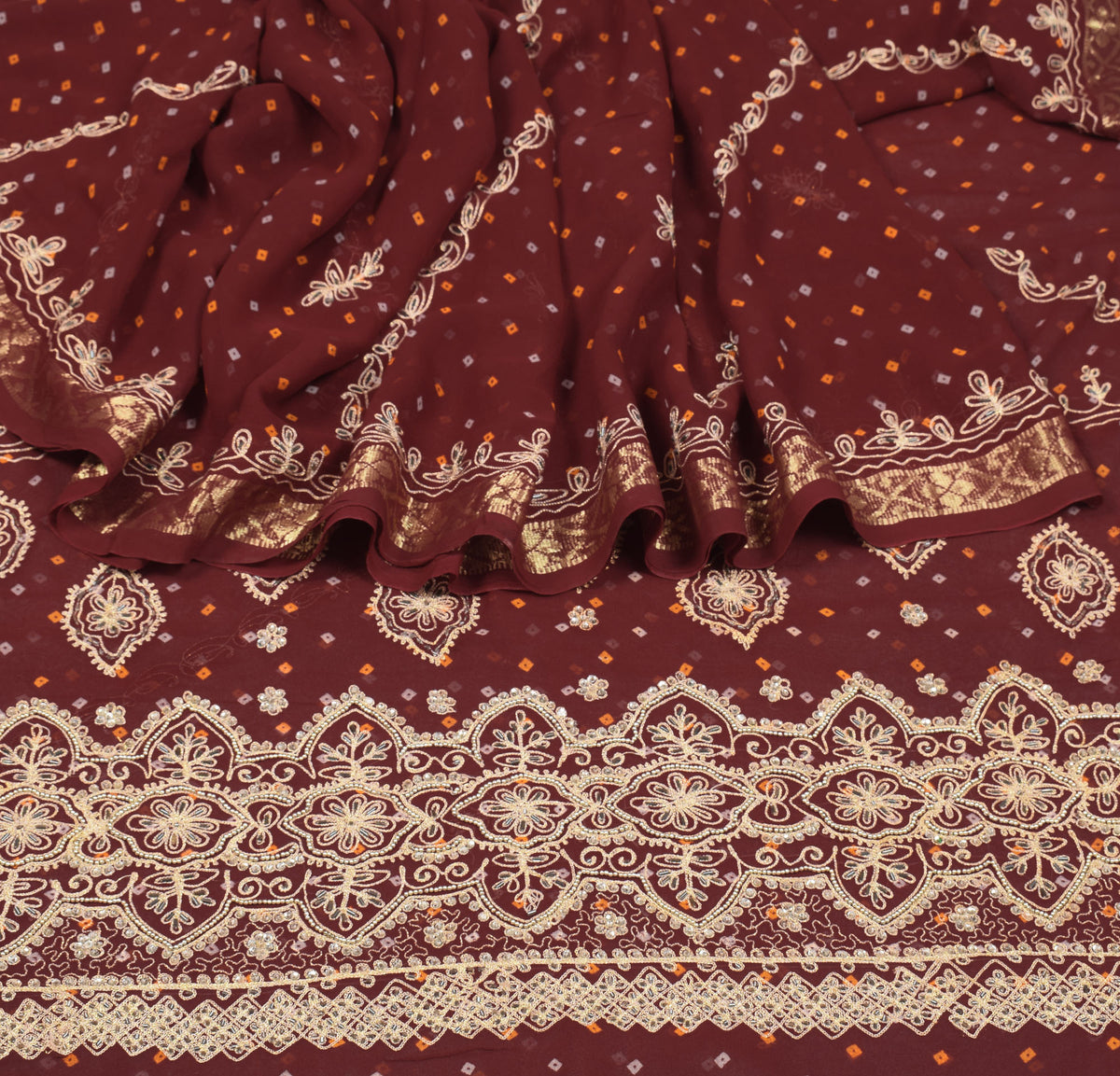 Sushila Vintage Maroon Bandhani Saree Pure Georgette Embroidered HEAVY Sari Fabric